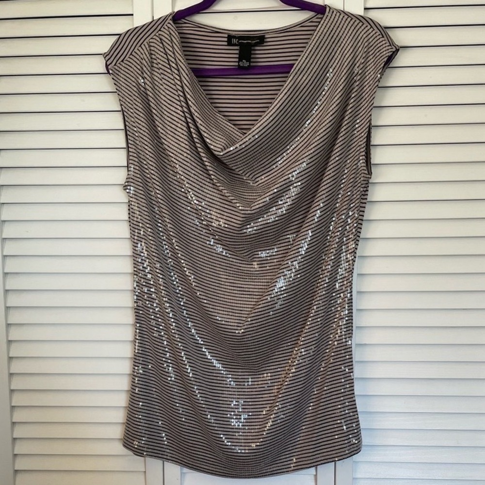 INC International Concepts Sequin Cowl Neck Striped Top XL Beige Sleeveless